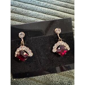 Vintage‎ Red Rhinestone Screw Back Dangle Earrings Art Deco Style